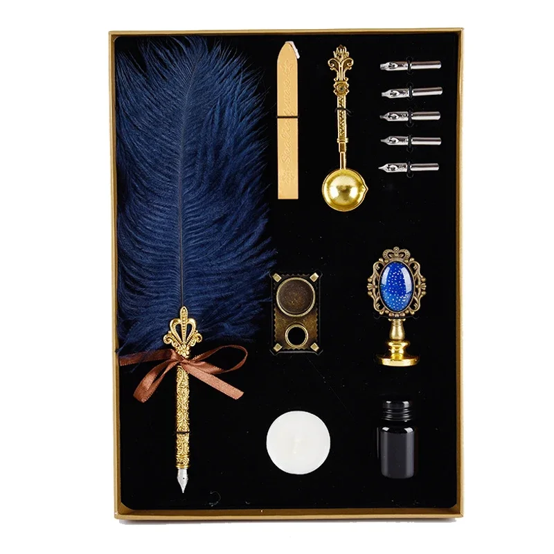 Luxuriöses Füllfederhalter-Set, antikes Feder-Tauchstift-Set, Retro-Tauchstift-Set aus Holz, klassisches Wachssiegel-Stempel-Set für Kalligraphie-Geschenke