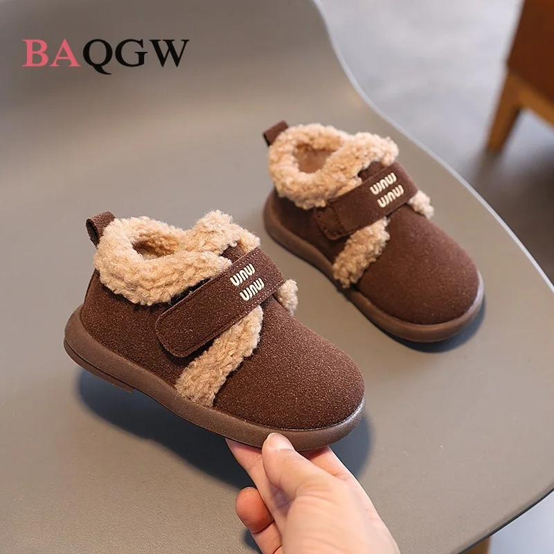 Kids Casual Shoes Plush Solid Color Winter Fashion Letter Shoes for Children Warm Anti-slip Black Khaki Shoes Boots Size 21-30