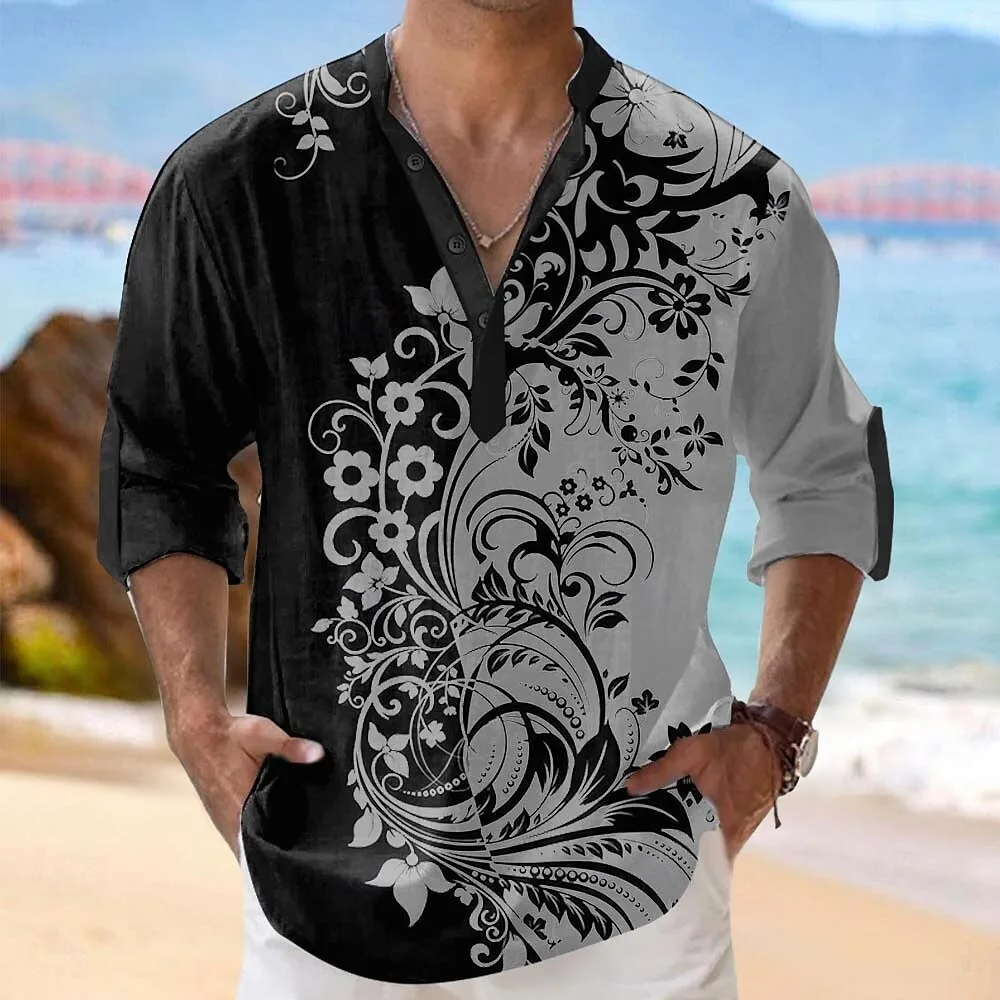 

New black and white floral vine print men's long sleeved shirt Henry collar color blocked casual shirt