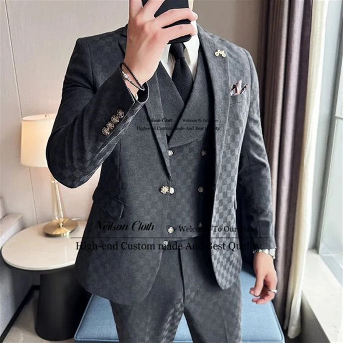 

Business Dark Gray Male Prom Blazers 3 Pcs Jacket Vest Pants Sets Groom Wedding Tuxedos Slim Fit Notched Lapel Costume Homme