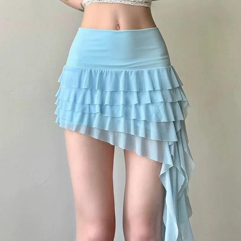 

Women's Mini Skirt High Waist Mesh Flowy Hem Y2K Skirts Irregular Elastic Summer Korean Multi-Layer Ruffle Trim Lingerie Skirt