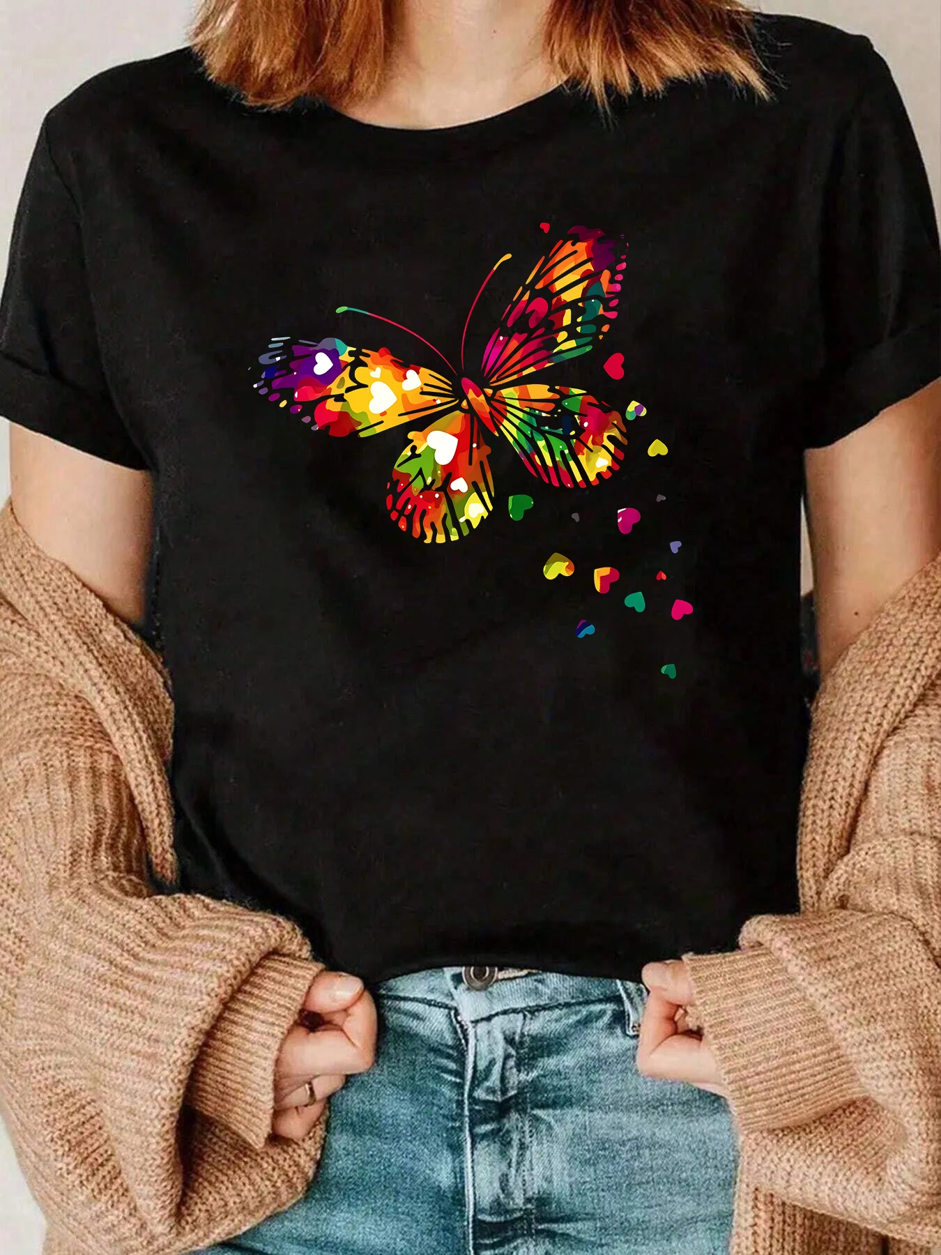 

Colorful Butterfly Print T Shirt For Women Casual Wear Summer Outfit 220g