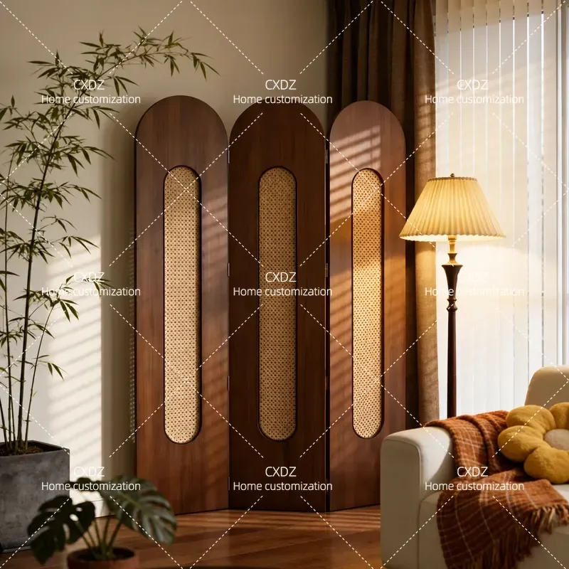 Medieval Rattan Folding Screen Solid Wood Arc Top Partition Living Room Bedroom Mobile Shelter French Retro Decoration