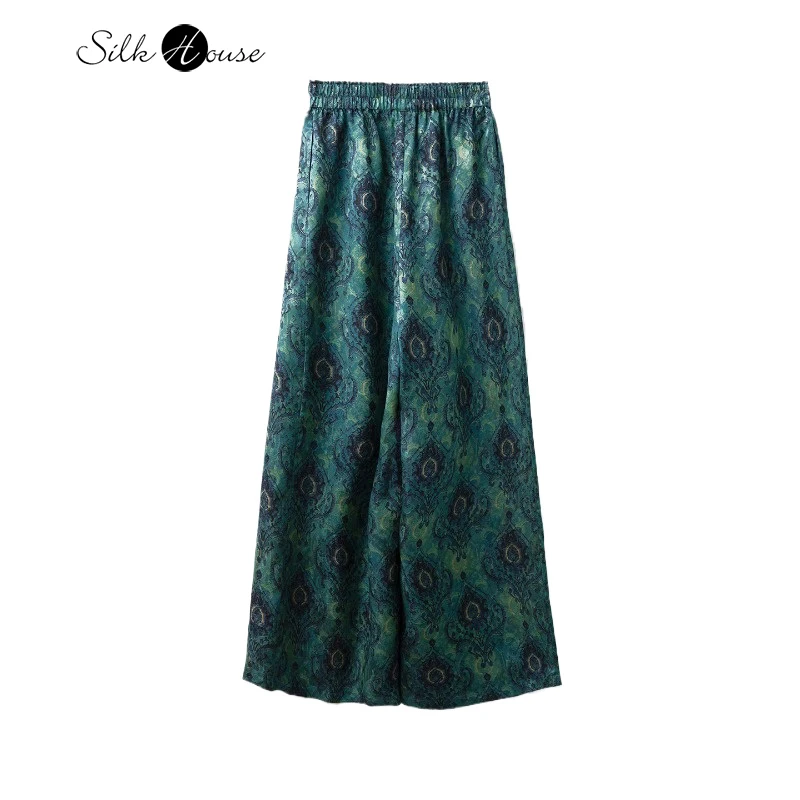 

National Style Printed 100% Natural Mulberry Silk Fragrant Cloud Yarn Casual Elastic Waist Women's Fashionable Wide Leg Pants