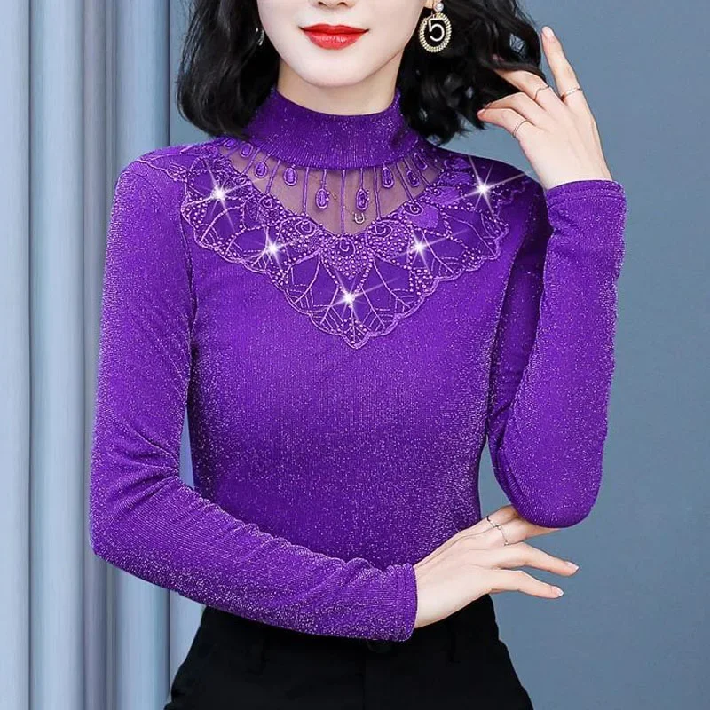 2023 جديد الخريف الدانتيل البطانة موضة عالية الرقبة العصرية الماس الرائعة الحرير الكلاسيكية ركاب كم طويل قميص متعدد الاستخدامات #6