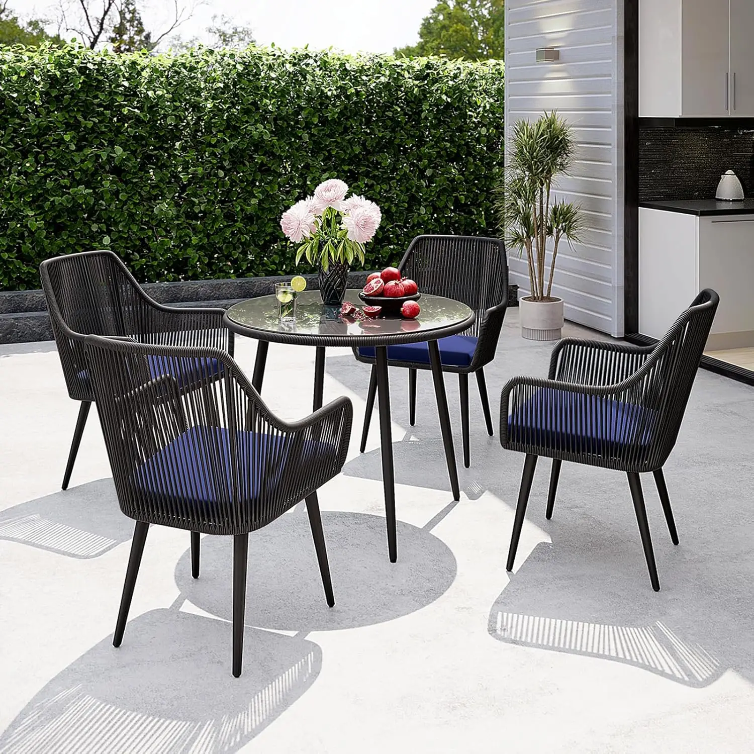 Patiorama outdoor dining table, 35 inch terrace round table, rope woven terrace tempered glass table with umbrella holes