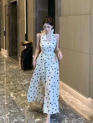 Polka dot temperament bow versatile suspender dress fashionable temperament V-neck hanging neck women's clothing Summer