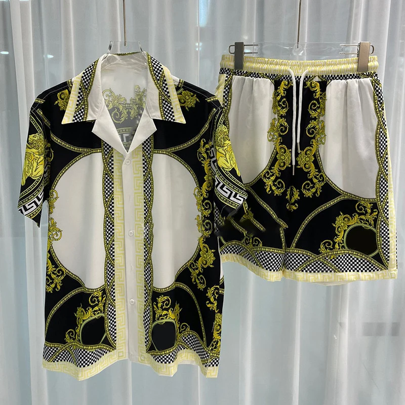 Set Kemeja Pria Retro Musim Panas 3D Kemeja Lengan Pendek Pantai Cetak Celana Pendek Kasual Pria Perjalanan Hawaiiantwo-piecesuit Nyaman Kasual