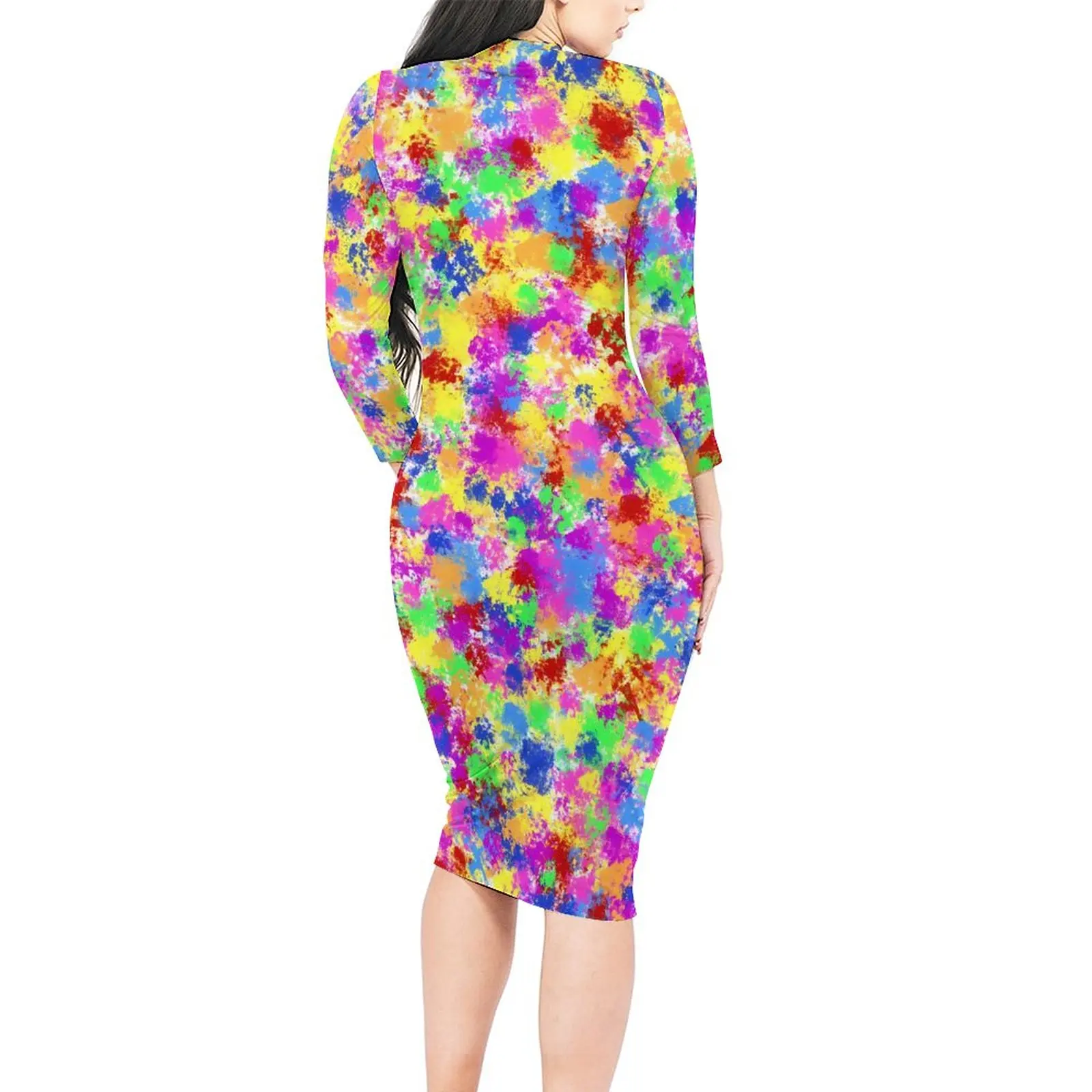 Trendy Neon Paint Dress Long Sleeve Rainbow Splash Retro Dresses Autumn Ladies Streetwear Graphic Bodycon Dress Big Size 4XL 5XL