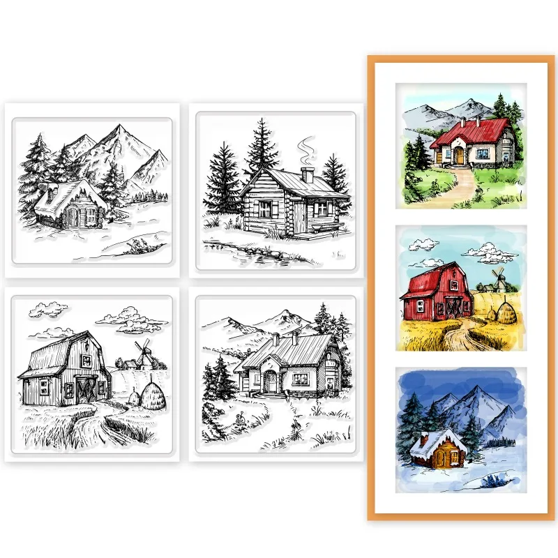 4 Stück Mini-Hütten-Klarstempel für DIY Scrapbooking, Mini-Bauernhofhaus, Landschaft, Silikon, transparente Stempel, Siegel, transparente Stempel