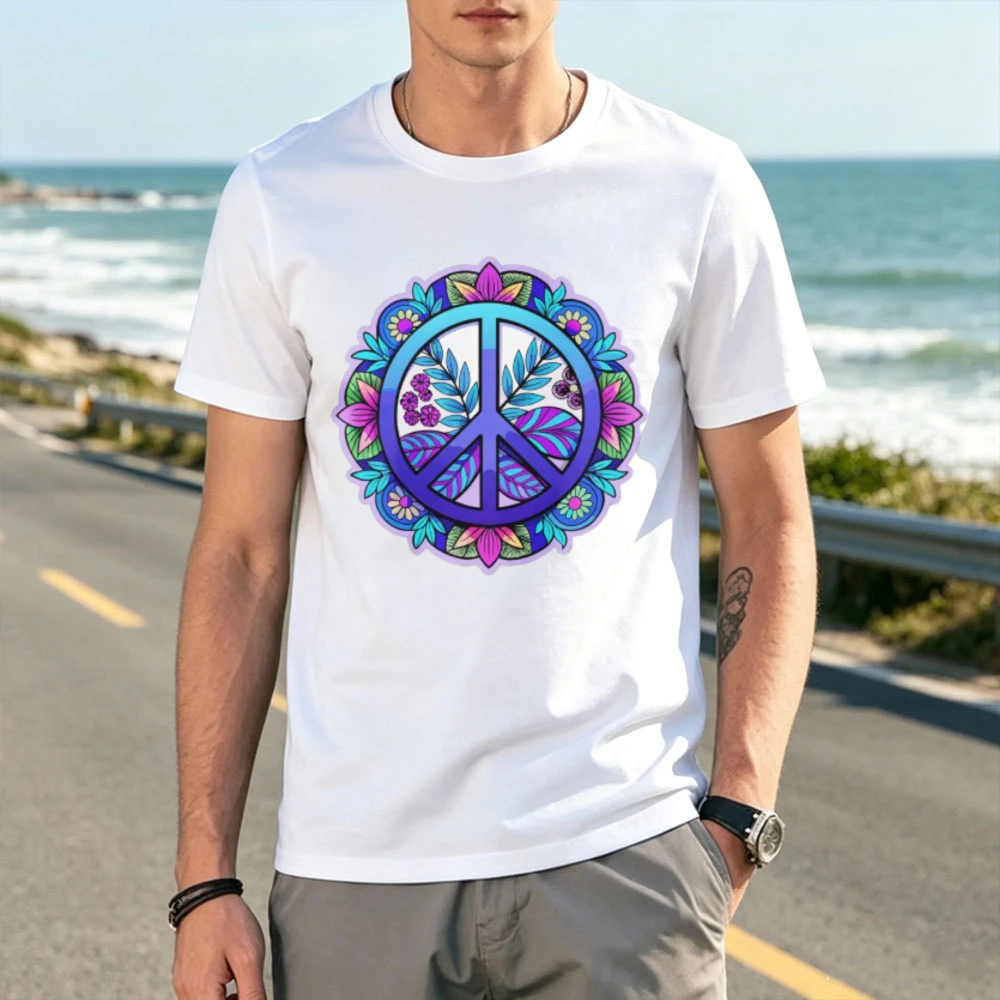 Blue & Purple Peace Symbol in Floral Harmony Essential T-Shirt Trendy 70s Hippie Boho Tops Boho Peace Lover Casual Cotton Tops