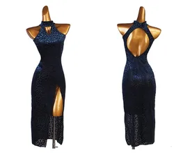 Vestido largo de terciopelo para competición latina, ropa para bailar Rumba, cha, cha, salsa, tango, S-XXXL, lq227