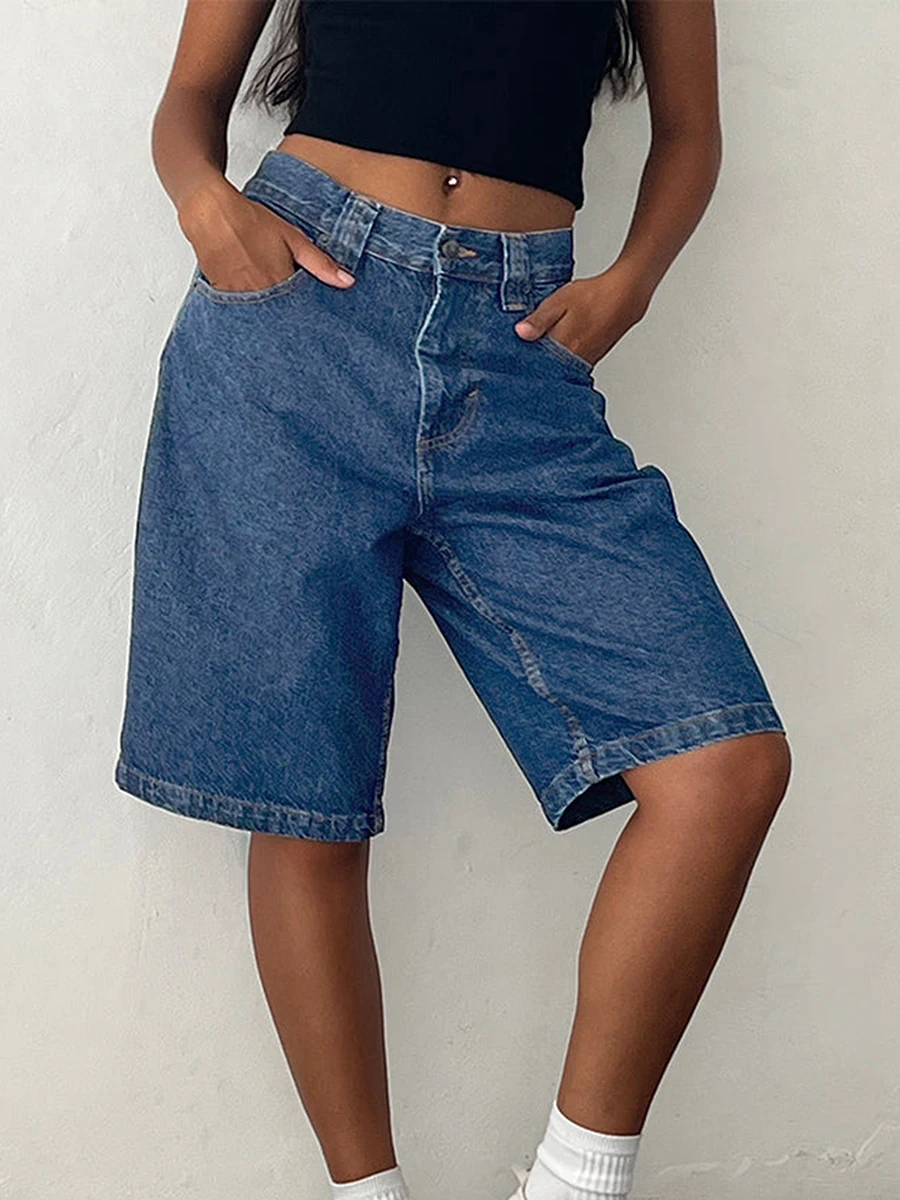 Gothic y2k Denim Shorts for Women Low Rise Wide Leg Knee Length Oversized Fit Summer Jeans Shorts with Pockets Streetwear