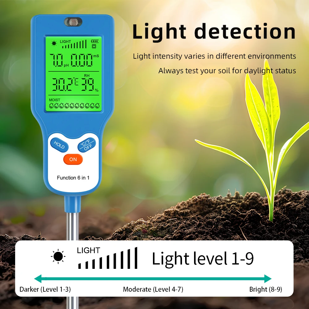 90° Rotation 6 in 1 Soil Meter Soil PH Tester Moisture Fertility Temperature Air Humidity Sunlight Light Detector for Garden