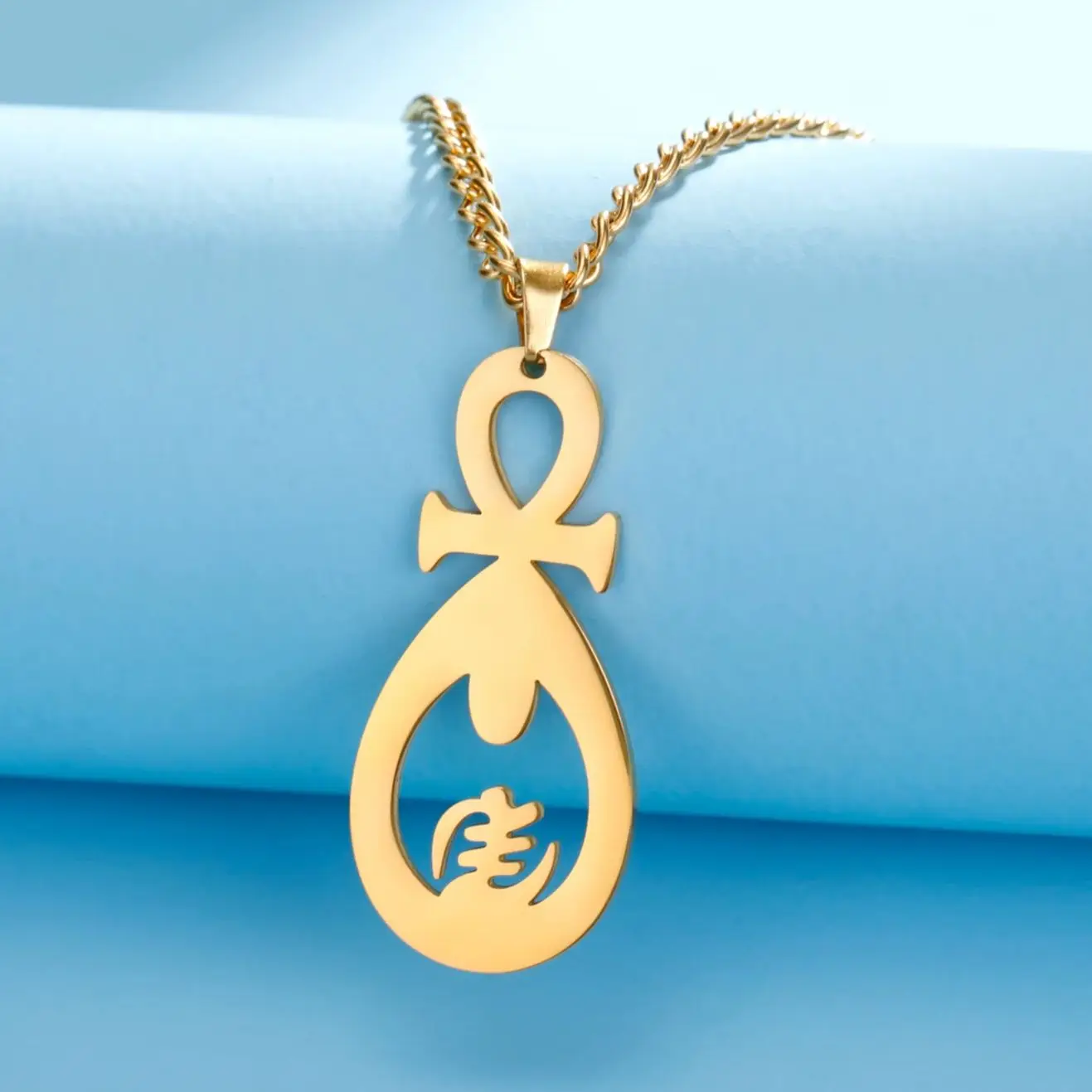 LIKGREAT Classic Egyptian Ankh Cross Pendant Necklaces Gold Color Life Symbol Adinkra Gye Nyame Amulet Stainless Steel Jewelry