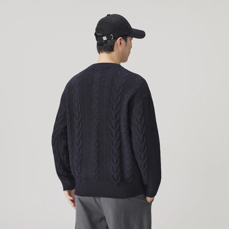 QICHE 2026 New Men Retro Cable Knit Pullover Sweater Autumn Winter Thick Warm Crew Neck Loose Versatile Casual Knit Top