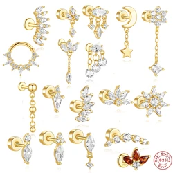 AIDE 1PC Tassel Lotus Cartilage Spiral Puncture 925 Sterling Silver Stud Earring For Women Shiny Girl Birthday Shiny Zircon Gift