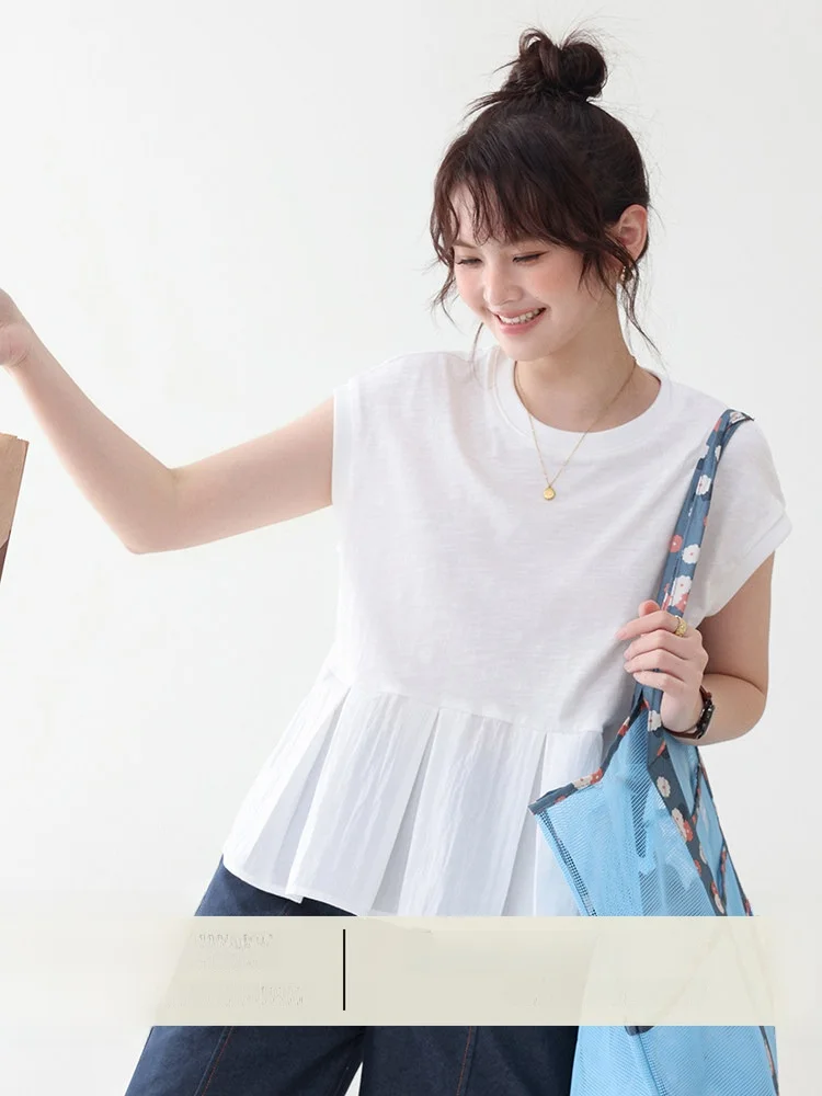 

AMUU Original Design Cotton T-Shirt Women's Summer New Style White Short Sleeve Loose Fit round Neck Pure Color Pleated Hem
