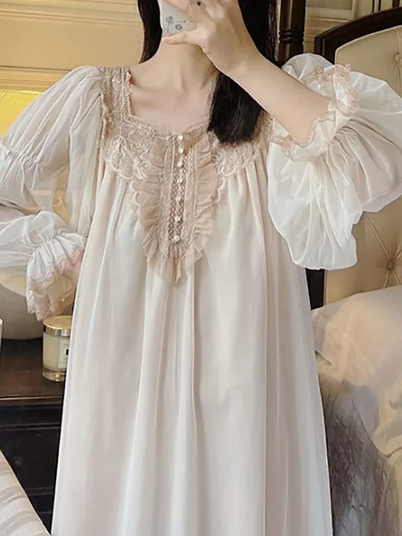 Pure Cotton Ruffles Vintage Nightgowns Women Robe Nightie Long Dress Victorian Romantic Princess Sleepwear Nightdress Homewear