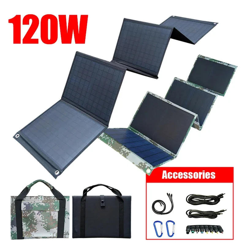 6 Fold Solar Panel 120W Portable PET Solar Folding Bag USB+DC Output Charger Outdoor Emergency Power Supply for Travel Camping