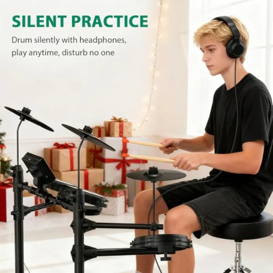Electronic drum set for home practice: mesh pads, black finish, ultra-quiet design with 200+ sounds, USB MIDI, includes throne,