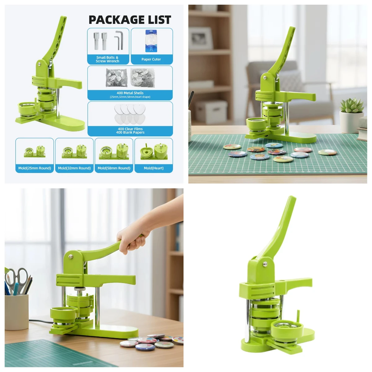 

WJW Compact 3 in 1 Badge Press Machine Make Heart Square Round Button Pins Easy to Use for Home DIY and Creative Gifts