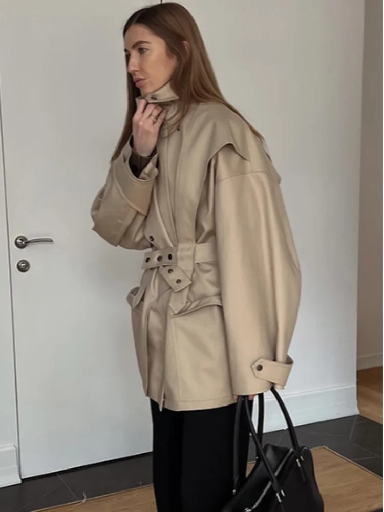 

Long Sleeve Single-breasted Trench Coat Women Fashion Solid High Neck Buttons Waist Cinching Windbreaker Lady Street Outerwear
