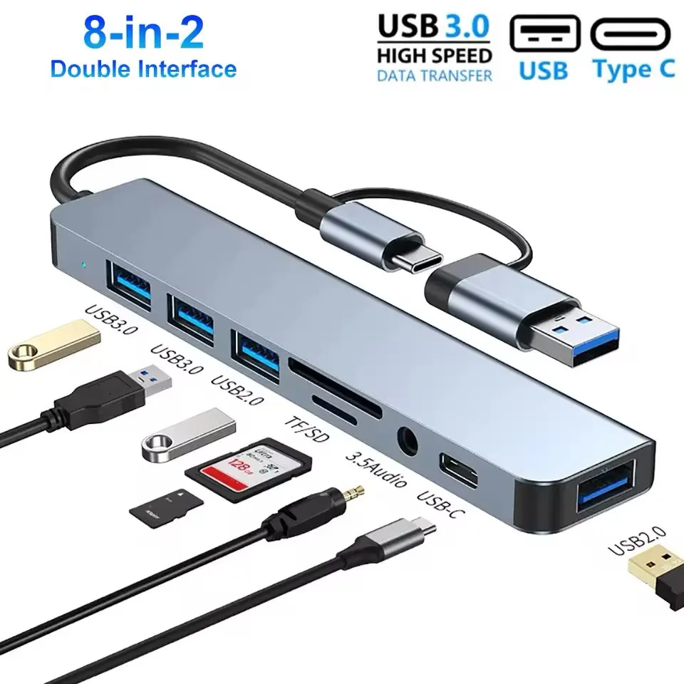 

8 in 1 USB Hub Docking Station USB +Type C Concentrator SD TF Card Reader Audio Multi-hub Dock Splitter Hubs