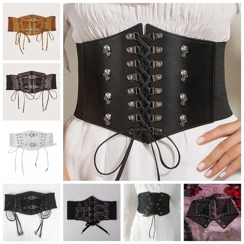 Fashion Adjustable Lace Cummerbunds Leather Solid Color Corset Belt Tie Rope Waistband Wide Waist Corset Dress