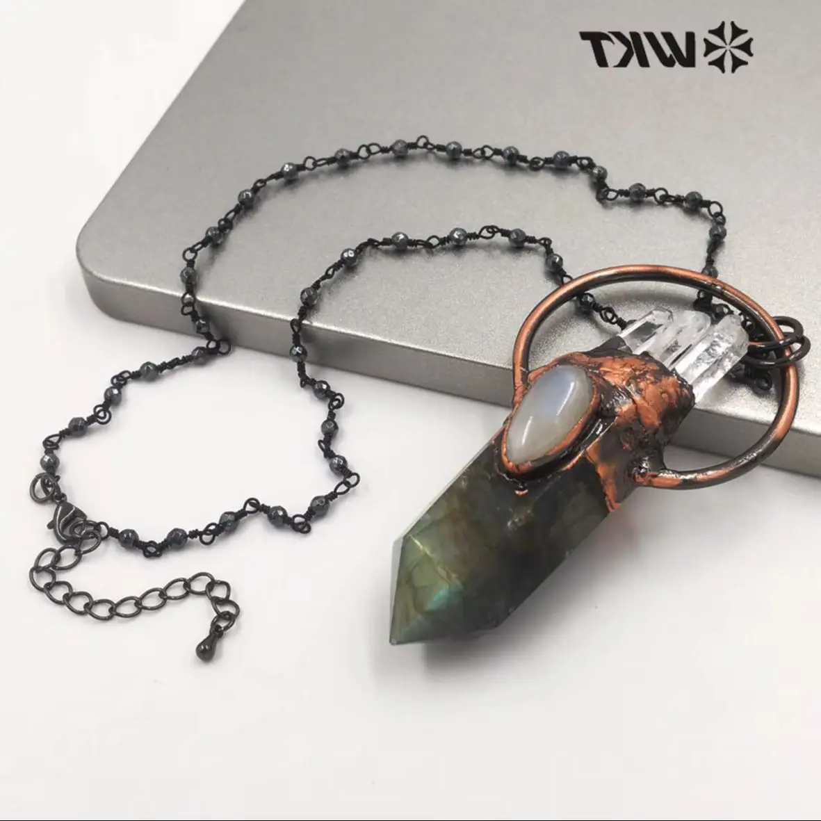 

WT-N1262 Новый дизайн, ожерелье из натурального лабрадорита с антикварной медной цепочкой, женское ювелирное ожерелье