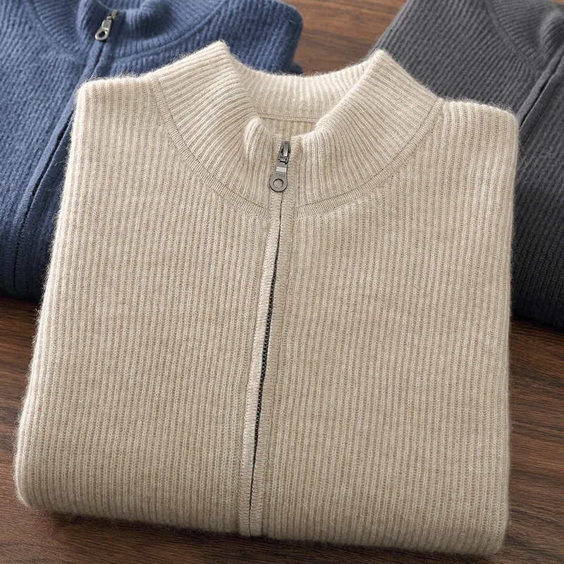 Autumn and winter new high-end leisure 100% pure cashmere men\'s stand collar cardigan solid color long sleeve padded sweater.