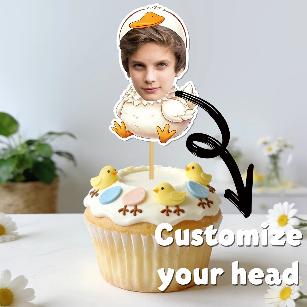 6pcs Personalized Chicken Duck Farm Party Photo Cupcake topper custom Face Photo for Birthday Celebration Party Cake Decoration