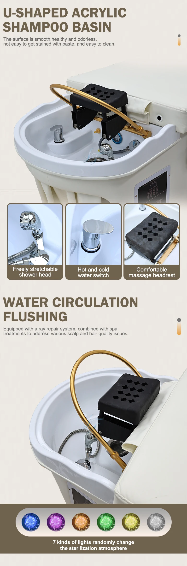 Elektrisches Wasserkreislauf-Ambientelicht, Thai-Shampoo-Bett, Dampfgerät, ergonomisch verstellbares Waschbecken, maßgefertigtes Leder für den Salon – Detail 3