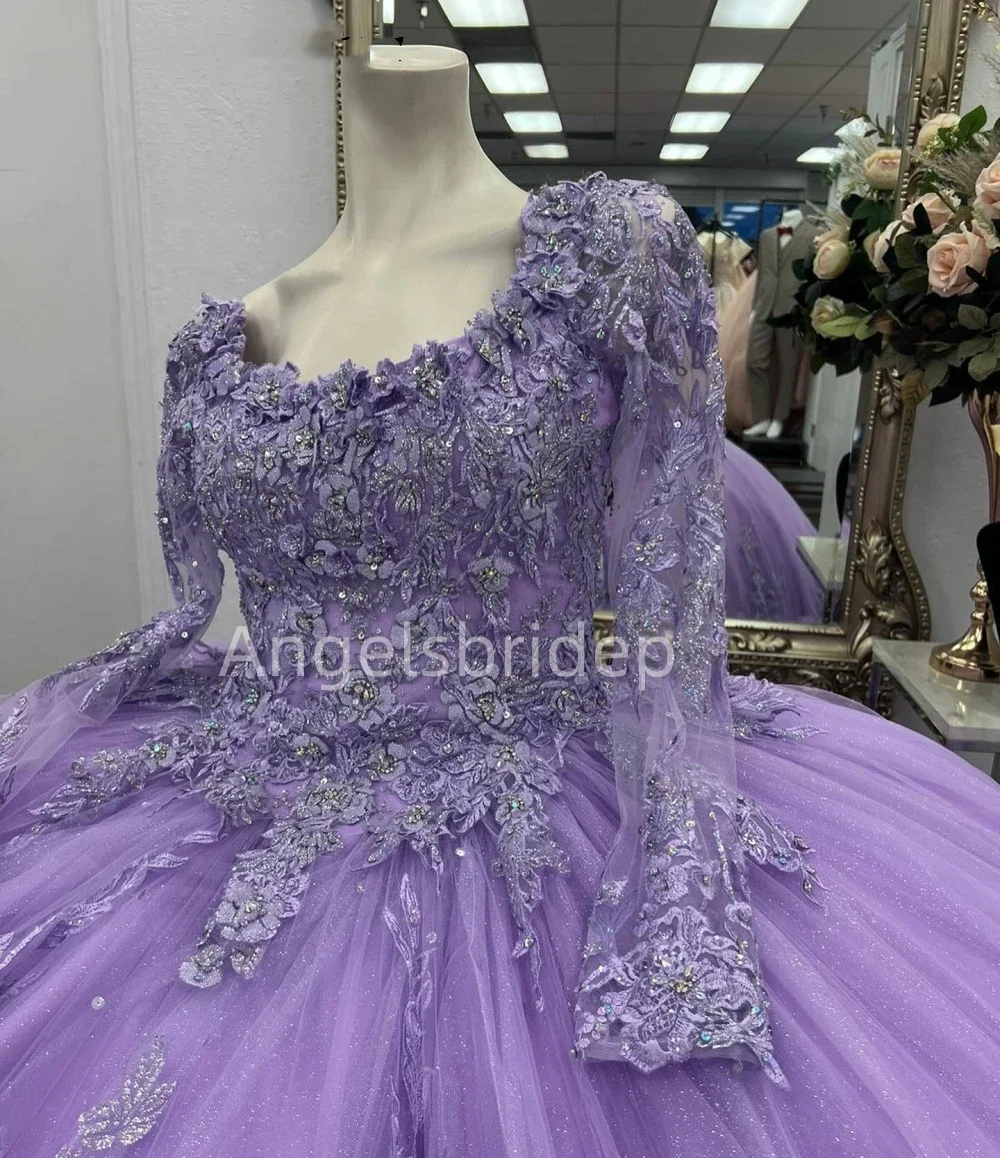 Angelsbride-vestido De encaje De manga larga con cristales, quinnceañera con cuentas, lavanda, 15 años, 2025