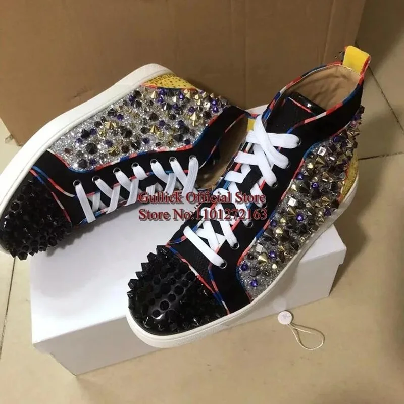 

Rhinestone High Top Men Sneaker Glitter Rivets Mocassin Men Shoes Lace Up Casual Mens Flat Shoes