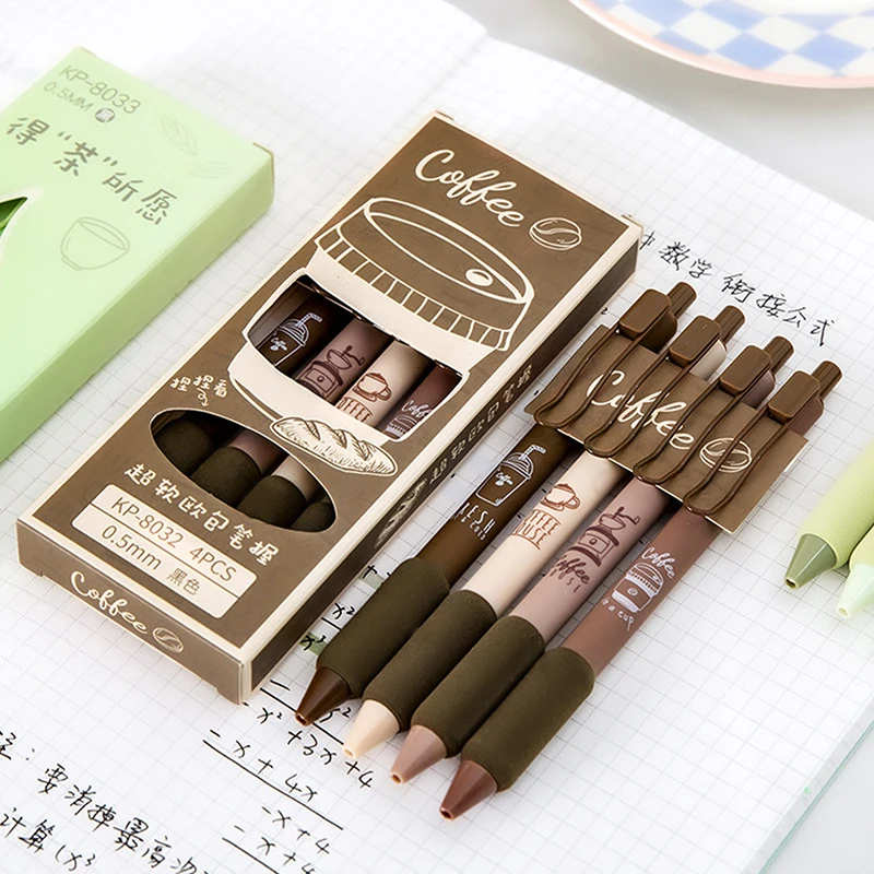 4Pcs/set Green Coffee Series 0.5MM Gel Pen For Students Soft Touch Writing Pen Black Refill Stationery Office School Supplies