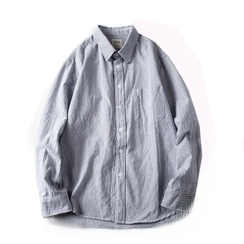 Japanese Vintage Long Sleeve Men\'s Casual Shirt Pure Cotton Oxford Weave Spring Autumn Versatile Washed Stripes Loose Fit Shirt