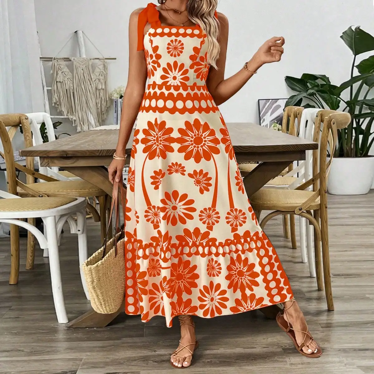 Damen-Maxikleid in Orange mit Blumenmuster, Schleife an der Schulter, quadratischem Ausschnitt, gerafftem Oberteil, A-Linie, fließend, für Sommerurlaub und Strand – Detail 3
