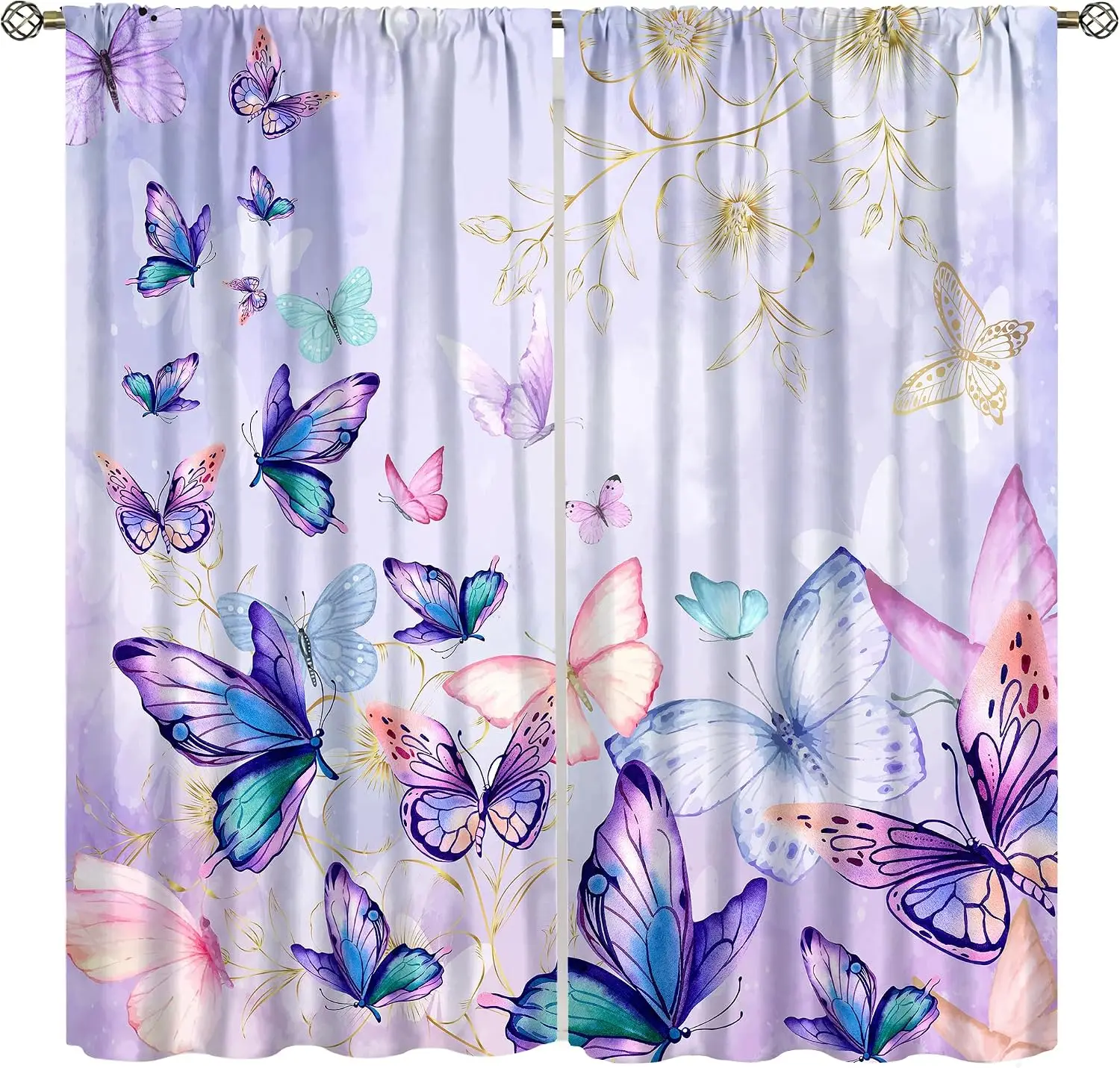 Vintage Pastel Butterfly Floral Golden Vine Print Blackout Rod Pocket Curtain Lavender Gentle Zen Girly Homestay Bedroom Rest