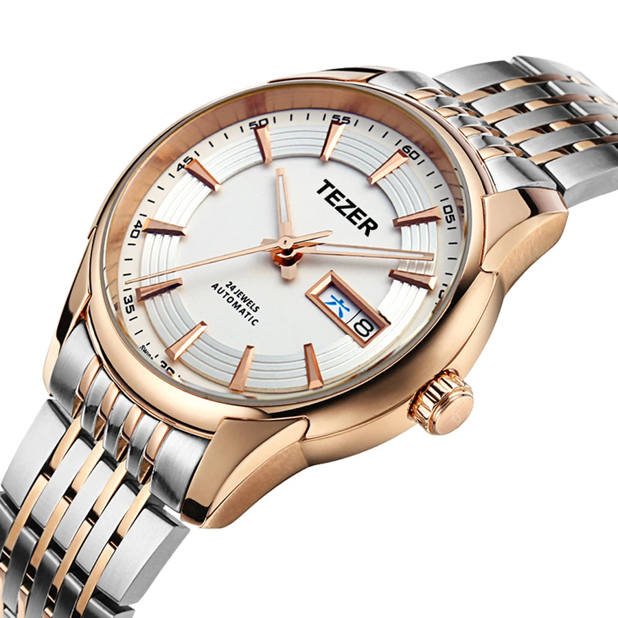 TEZER Men Automatic Watch | Two Tone Steel Band | White Dial | Day & Date | 5ATM Waterproof Mechanical Wristwatch