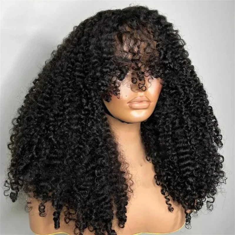 

Naural Black 180Density 26“ Long Soft Glueless Kinky Curly Machine Wig with Bangs For Women BabyHair Preplucked Heat Resistant