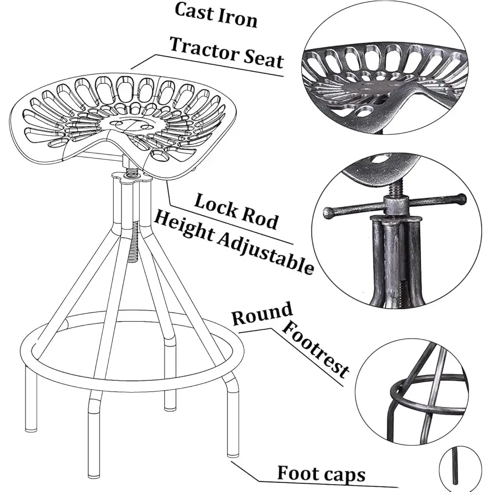 Set Of 2 Rustic Industrial Bar Stool-Cast Iron Tractor Seat Stool-Adjustable Counter Height Swivel Breakfast Bar Stool-Rustic