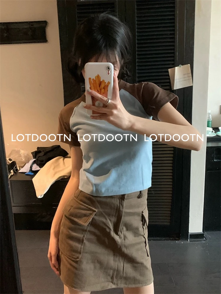 LOTDOOTN Elasticity Cotton Aesthetic Summer Baby Tees Streetwear Patchwork Harajuku T-shirt Vintage Crop Tops Women Y2K Clothes