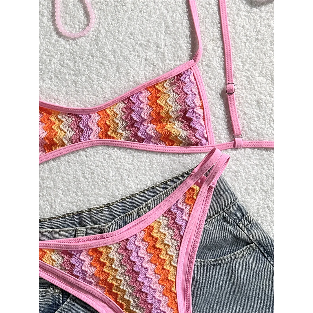2026 Gestreifter High-Leg-Cut Brasilianischer Bikini Damen-Badeanzug Zweiteiliger Bikini-Set Badebekleidung Badeanzug V8216 – Detail 4