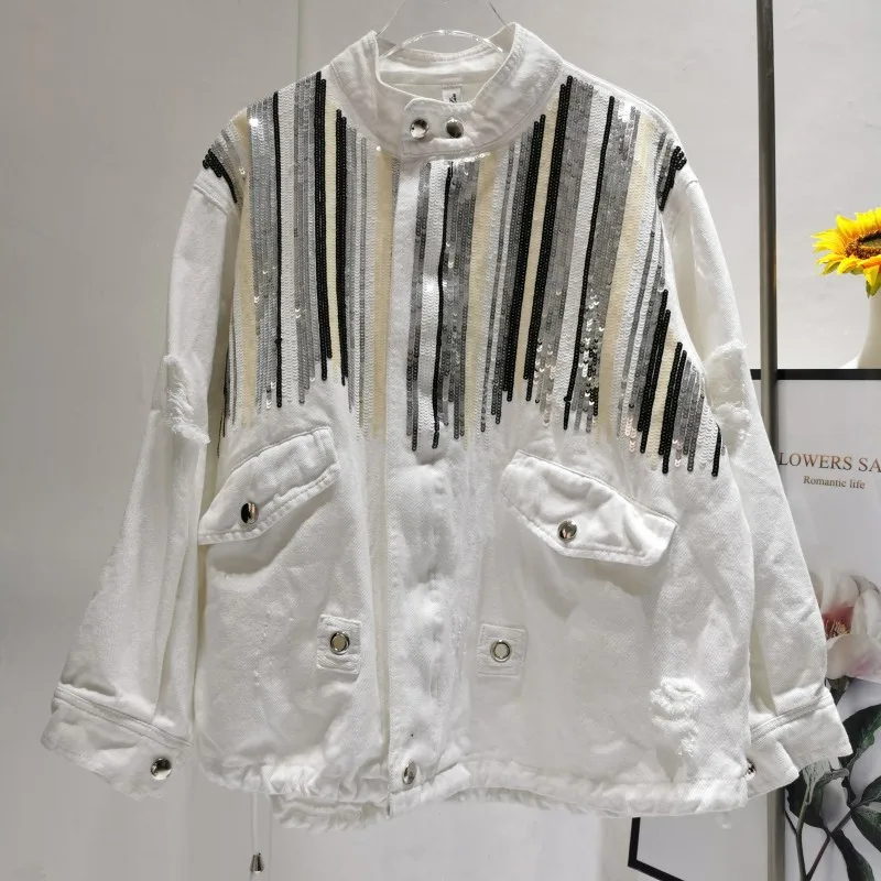 Chaqueta vaquera con flecos y lentejuelas para mujer, chaqueta vaquera moderna con cadena de Metal, estilo informal, tendencia de calle, nueva