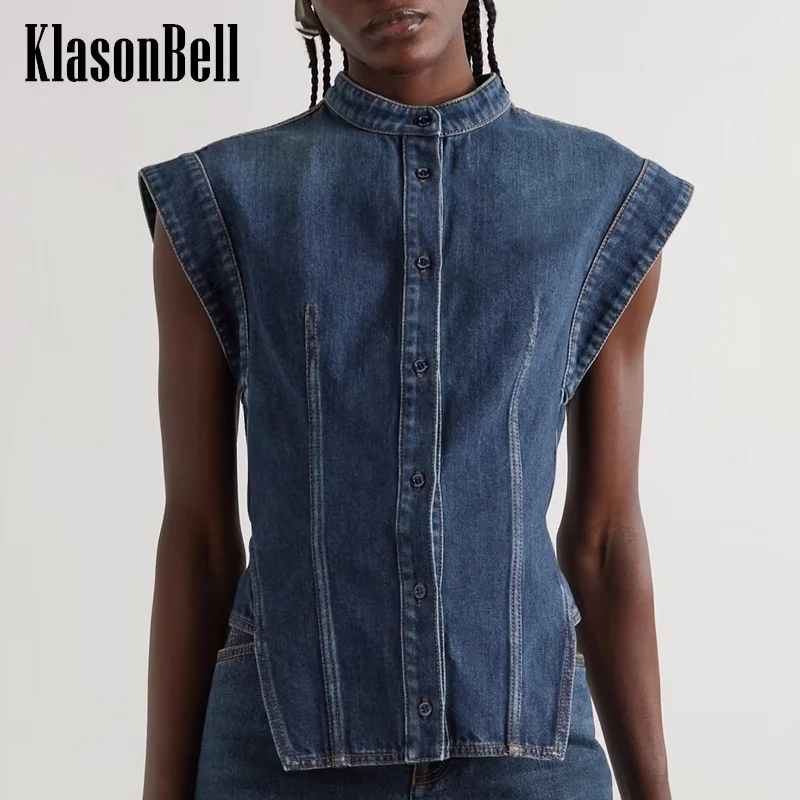 

7.29 KlasonBell Women's Stand Collar Sleeveless Washed Denim Shirt Single Breasted Collect Waist All-matches Blouse