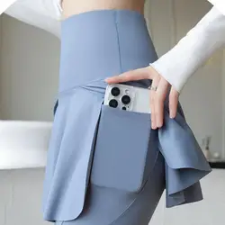 Women Tennis Skirted Leggings Pockets Elastic Sports Yoga Skirts Legging Yoga Phone Pocket Butt-lifted Anti-exposure Trousers