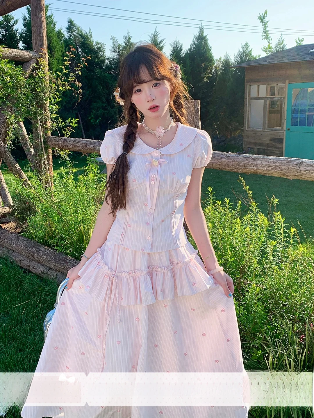 Pink Striped Embroidered Waist-Cinching Shirt And Long Dress Set from White Cherry Blossom Academy Gentle Summer Fashion for ...