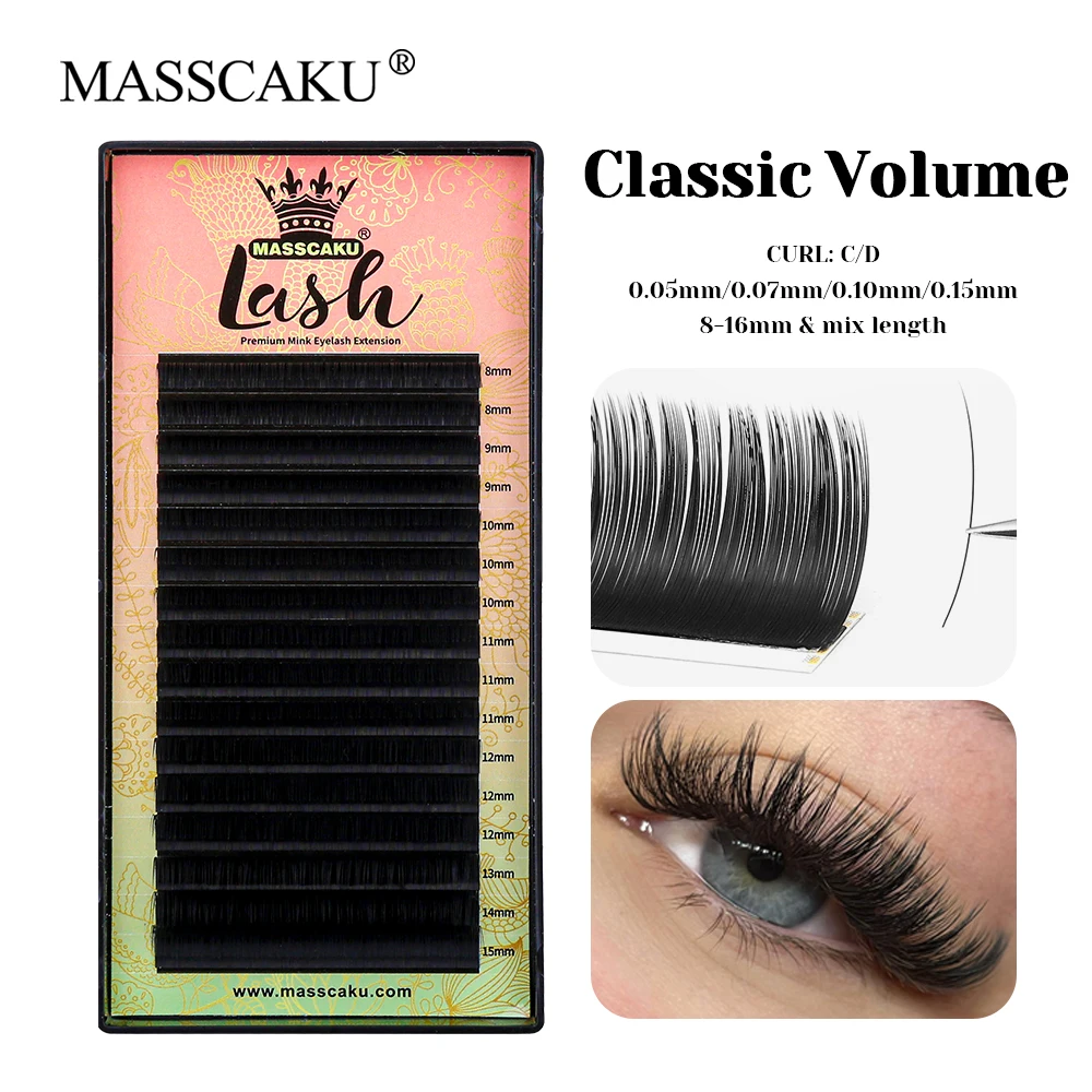 

New Style MASSCAKU 8-16mm and Mix Length Wispy Classic Regular Eyelash C D Curl False Silk Russian Volume Lash for Beauty Salon