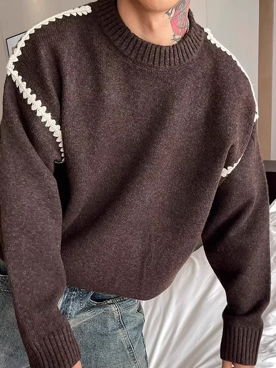 

Мужской свитер из корейской трикотажной пряжи, цвет кофе, с кружевом, простое плетение, осень-зима, новая модная коллекция, длинный рукав, круглый вырез...